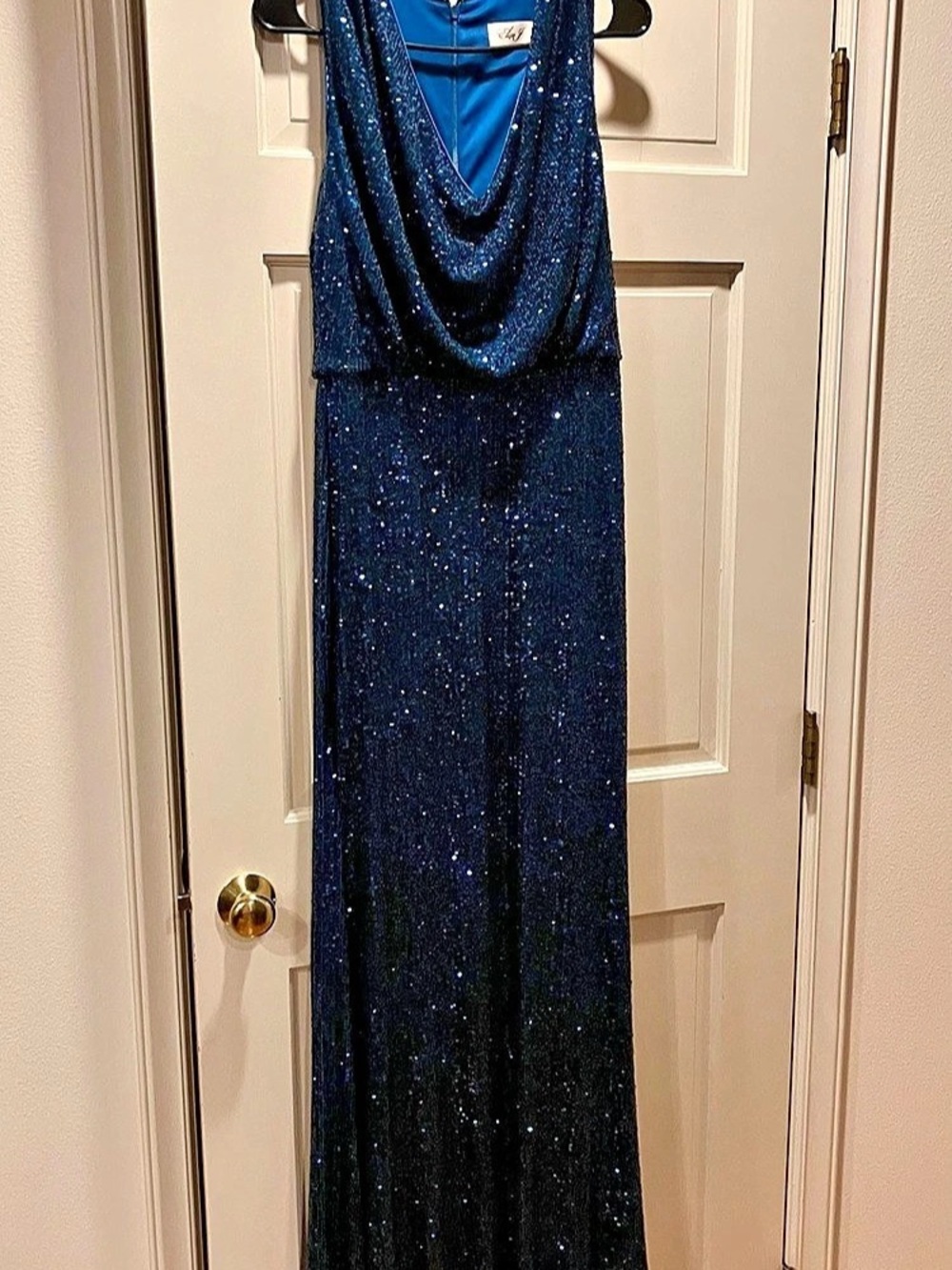 Teal/blue evening gown with cowl neck. Elise J Sequin Draped Neck Maxi Dress in